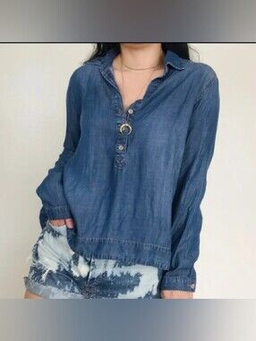 Cloth & Stone Chambray Popover Blouse Boxy Fit Long Sleeve Top Size S